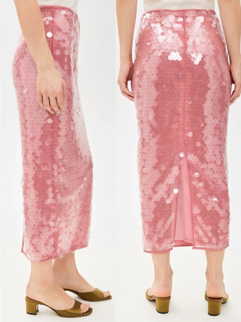 STAUD Casey Sequined Mesh Midi Skirt – Pink Blush